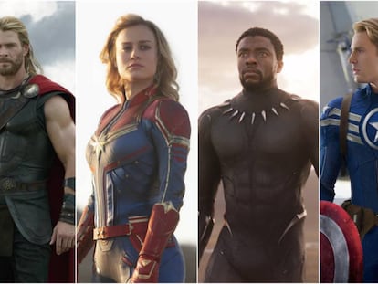Thor (Chris Hemsworth), Capitana Marvel (Brie Larson), Black Panther (Chadwick Boseman) y el Capitán América (Chris Evans) en sus distintas películas.