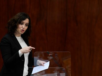 La presidenta regional, Isabel Díaz Ayuso, este jueves en la Asamblea de Madrid.