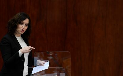 La presidenta de la Comunidad de Madrid, Isabel Díaz Ayuso, este jueves en la Asamblea de Madrid (España).