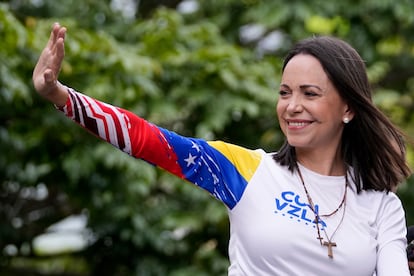 Opposition leader María Corina Machado, during one of the public rallies in Caracas.