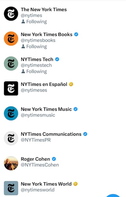 Variantes de la verificación entre la cuenta principal del NYTimes (que no tiene) y el resto. La señal dorada es para "organizaciones".