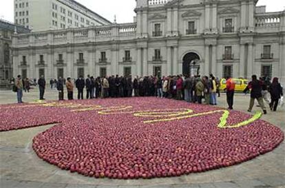 Un corazón de manzanas de cuatro toneladas, hecho por artistas plásticos en conmemoración del centenario de Neruda, ante el Palacio de La Moneda de Santiago.