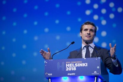 Pablo Casado, en la cumbre del Partido Popular Europeo en Helsinki, este miércoles.