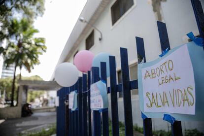 "Legal abortion saves lives," reads this sign outside a hospital in Recife, Brazil.