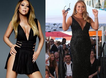 A la izquierda, Mariah Carey en la portada de su último disco. A la derecha, la cantante estrenando su estrella en el Paseo de la Moda.