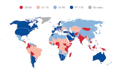 En rojo y salmón los países con las peores carreteras. Los círculos marcan la velocidad media (km/h).