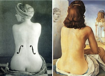 A la izquierda, la fotografía de Man Ray, 'El violín de Ingres' (1924), no puede ser más clara la alusión al pintor neoclásico, haciendo referencia, además, a la faceta de violinista de Ingres. A la derecha, una obra de 1945 del Dalí, que tuvo en el montabanés a una de sus fuentes de inspiración.