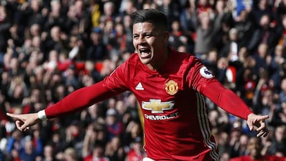 Marcos Rojo celebra el gol que convirtió el domingo ante el Bornemouth.