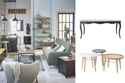 En la imagen: BROADWAY – Sofá cama clic-clac de tres plazas, PILEA – Tres mesas bajas y VERSAILLES – Mesa de comedor extensible.