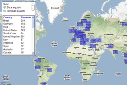 Mapa en el que se refleja el número de peticiones recibidas por Google desde autoridades o agencias gubernamentales para que retiere contenidos.