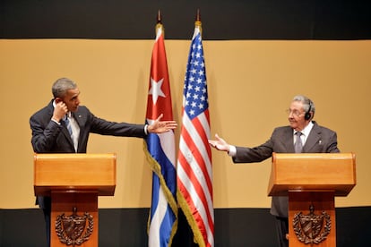 Barack Obama y Raúl Castro en el Consejo de Estado de Cuba, en La Habana, el 21 de marzo de 2016.