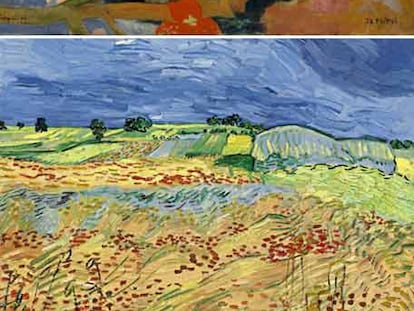Arriba, <i>La mañana</i>, de Gauguin, y abajo, <i>Los campos de trigo</i>, de Van Gogh, subastados en Nueva York.