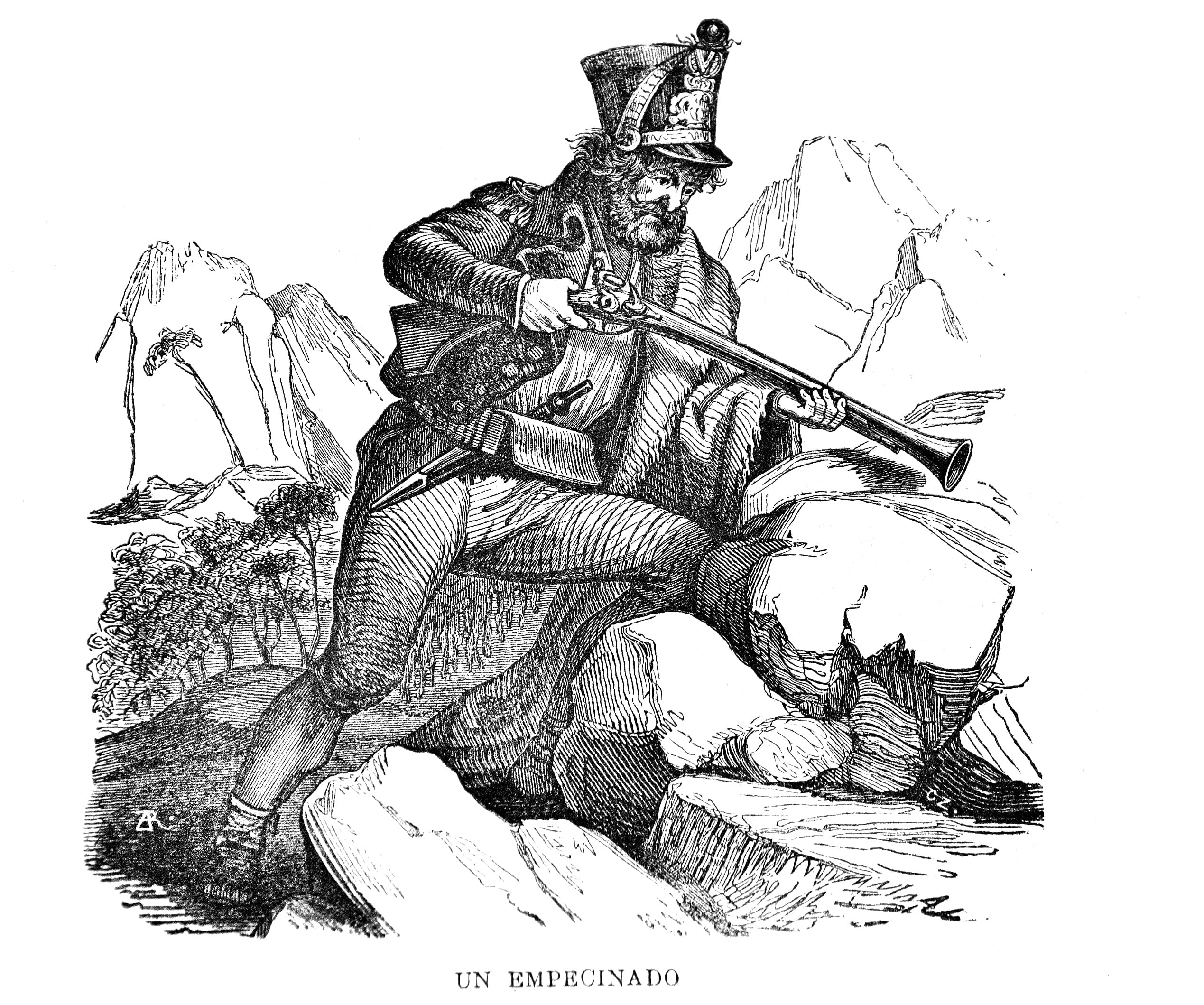 Dibujo de época de un guerrillero español que muestra lo abigarrado de su equipo.