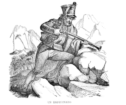 Dibujo de época de un guerrillero español que muestra lo abigarrado de su equipo.