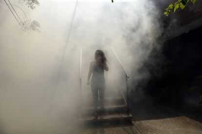 Una mujer camina entre una nube de humo mientras trabajadores municipales fumigan en Soyapango (San Salvador), el 21 de enero de 2016.