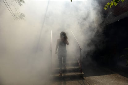 Una mujer camina entre una nube de humo mientras trabajadores municipales fumigan en Soyapango (San Salvador), el 21 de enero de 2016.