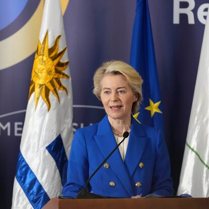 European Commission President Ursula von der Leyen speaks during the Mercosur Summit in Montevideo, Uruguay, Friday, Dec. 6, 2024. (AP Photo/c)