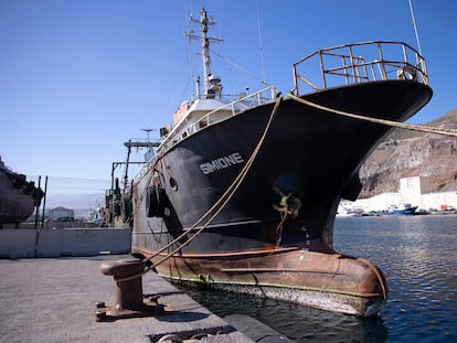 El buque 'Simione', de bandera angoleña y de unos 45 metros de eslora, esta mañana en la Dársena Pesquera, en Santa Cruz de Tenerife.