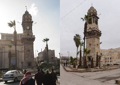 Bab el Faraj, una de las nueve puertas que rodean la ciudad vieja de Alepo. A la izquierda, foto tomada en 2010; a la derecha, foto tomada en 2017.