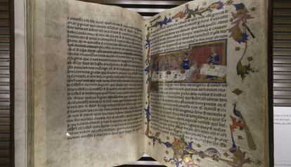 Miniatura con el banquete que se decidió conquistar Mallorca en la 'Crónica de Jaume I' de 1343.