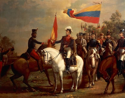 Ilustración de Simón Bolívar en la batalla de Carabobo, en junio de 1821, pintada por Arturo Michelena.
