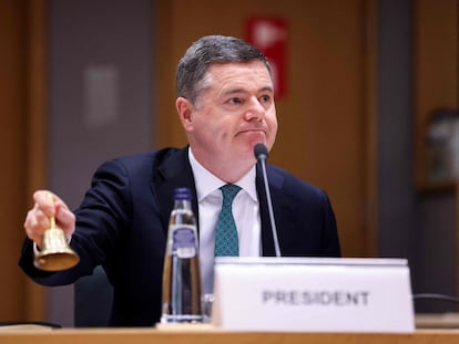 El ministro de finanzas irlandés y presidente del Eurogrupo, Paschal Donohoe, en la reunión de este lunes en Bruselas.