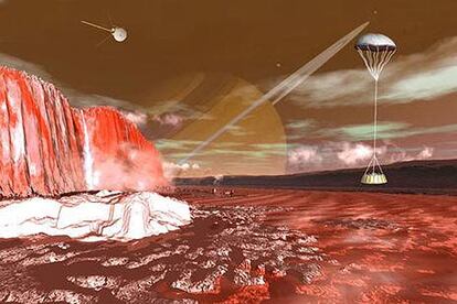Recreación artística del descenso previsto de la sonda <i>Huygens</i> sobre Titán.