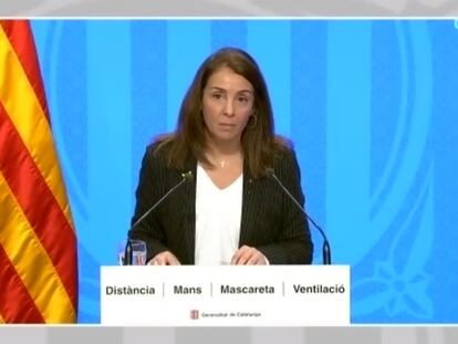 La consejera de Presidencia y portavoz del Govern, Meritxell Budó, en rueda de prensa telemática.