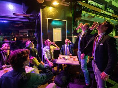 A group of young men celebrate the reopening of nightlife venues in the Netherlands two weeks ago.