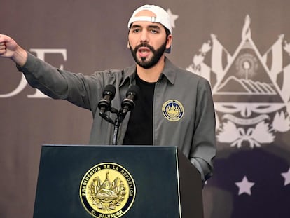 Nayib Bukele en una rueda de prensa en San Salvador, el pasado febrero.