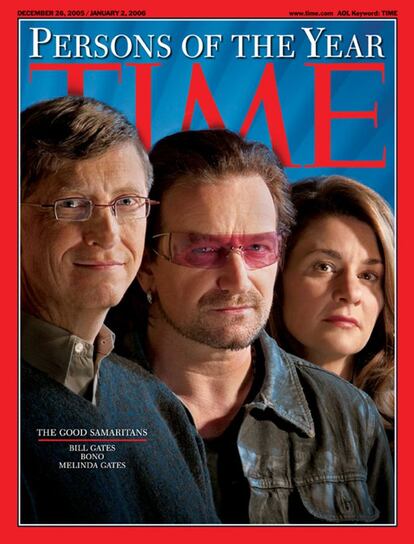 Portada de la revista 'Time' en diciembre de 2005 con las imágenes de Bono, Bill Gates y su esposa, Melina, elegidos como personalidades de ese año.