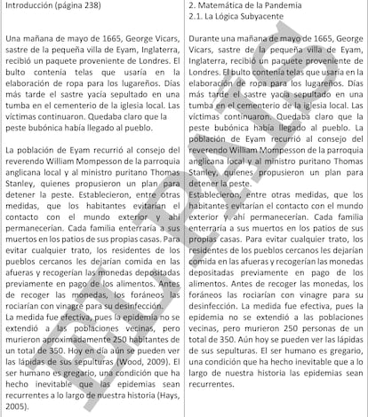 A la izquierda, una página del texto escrito por Salvador Galindo Uribarri, Mario Rodríguez Mesa y Jorge Luis Cervantes Cota. A la derecha, una página del libro 'Pandenomics', firmado por Milei.