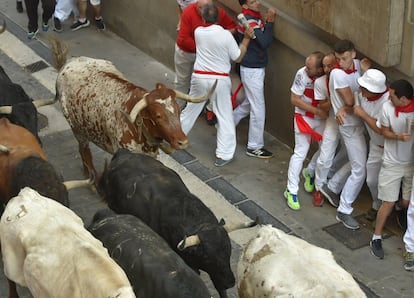 Los toros de la ganadería de Fuente Ymbro son los protagonistas del cuarto encierro de San Fermín por las calles de Pamplona.