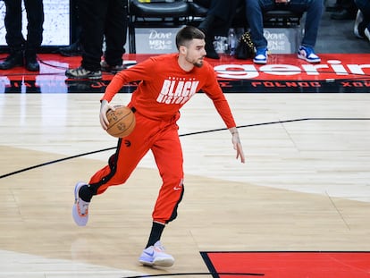 Juancho Hernangómez, durante el calentamiento el 23 de febrero antes del duelo entre los Pelicans y Toronto.