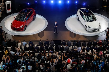 Tesla Model Y electric cars are unveiled during the company's official launch event in Kuala Lumpur, Malaysia, 20 July 2023.