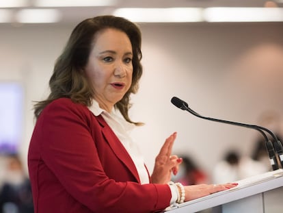 La ministra Yasmín Esquivel, durante una conferencia en Ciudad de México, el 5 de diciembre de 2021.