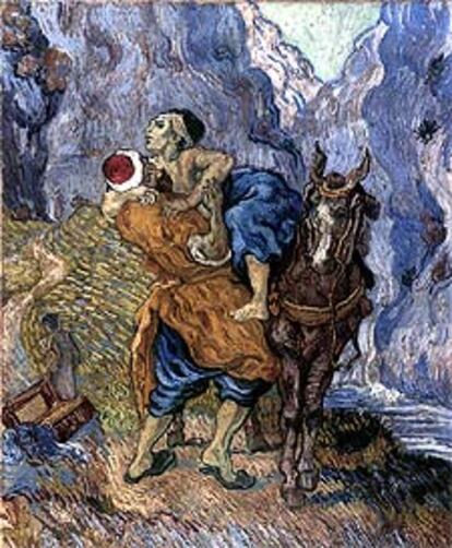 A la derecha, recreación de Van Gogh en 1881 de <i>El sembrador,</i> de Jean-François Millet (de 1850, a la izquierda), en el Museo Van Gogh de Amsterdam. Abajo, <i>El buen samaritano (según Delacroix)</i>, pintado por Van Gogh en 1890.

<i>El buen samaritano (según Delacroix), </i>pintado por Van Gogh en 1890.