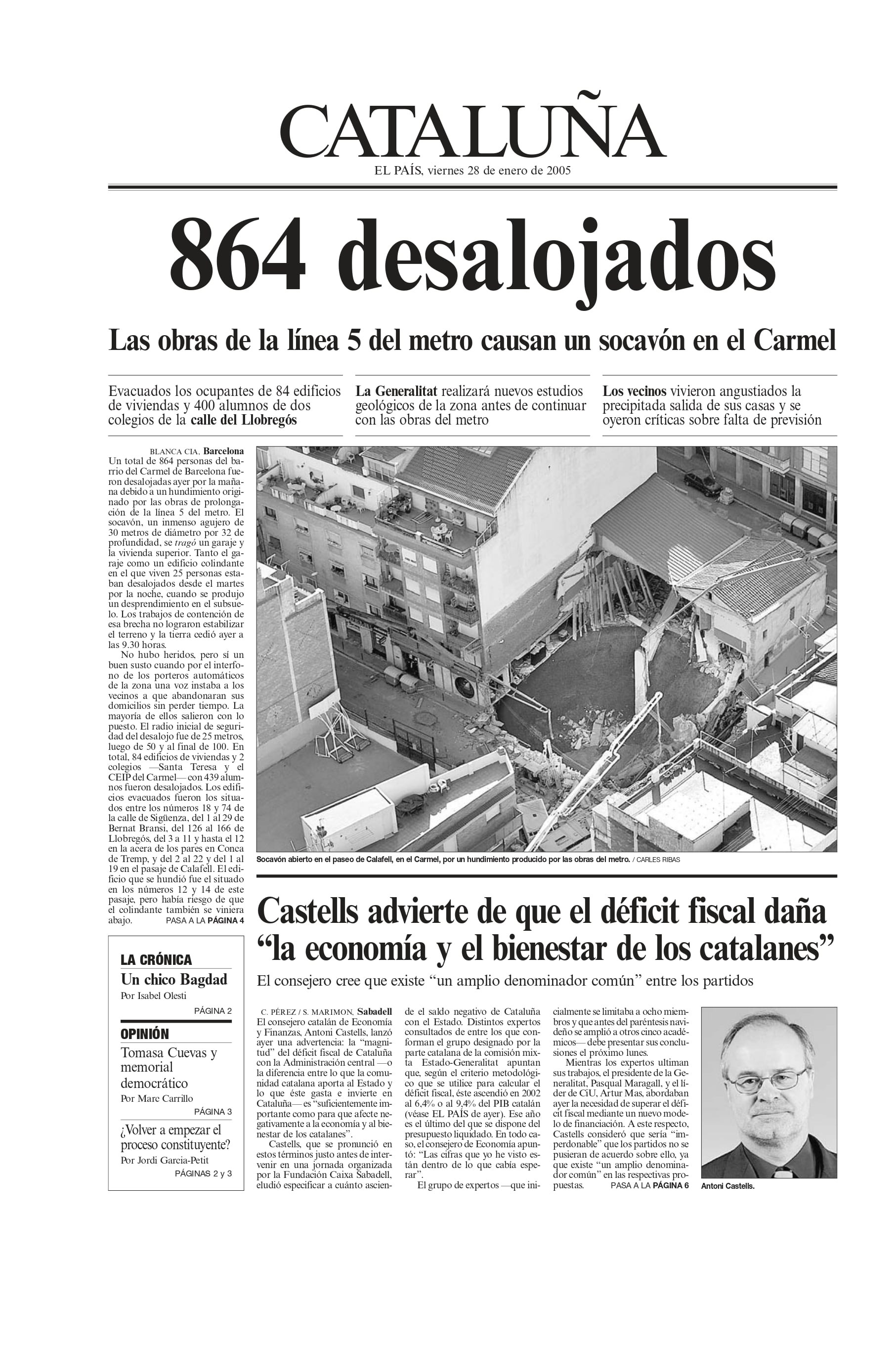 Portada del periódico de El País de Cataluña del 28 de enero de 2005.