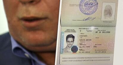 El abogado ruso Anatoly Kucherena muestra el permiso de entrada a Rusia de su cliente Edward Snowden.