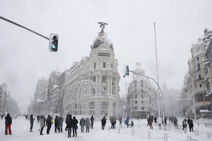 Vista da Gran Vía, em Madri, na manhã deste sábado.