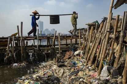 Dos hombres descargan mejillones de un bote pesquero en la costa de un pueblo de pescadores cerca de Yakarta (Indonesia).