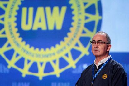 UAW President Shawn Fain chairs the 2023 Special Elections Collective Bargaining Convention in Detroit, Michigan, U.S., March 27, 2023.