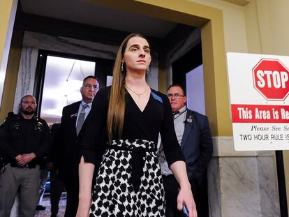 Rep. Zooey Zephyr, D-Missoula, walks out of the Montana House of Representatives after lawmakers voted to ban her from the chamber on Wednesday, April 26, 2023, in the State Capitol in Helena, Montana