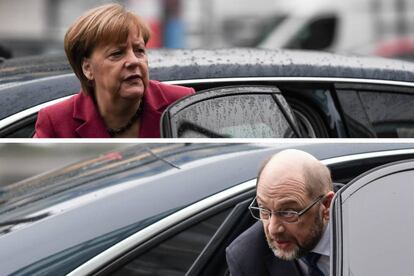 La presidenta de la Unión Cristianodemócrata (CDU), Angela Merkel, y el líder del Partido Socialdemócrata (SPD), Martin Schulz, la semana pasada, a su llegada a la sede de las negociaciones para formar una gran coalición, en Berlín.