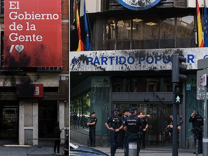 Las fachadas de las sedes nacionales de PSOE y PP, en Madrid, este lunes.
