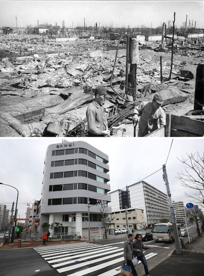 La imagen superior muestra un área devastada en el distrito de Kameido (Tokio), el 19 de marzo de 1945. La fotografía fue tomada desde el puente Tenjin. Desde esa misma perspectiva, setenta años después (el pasado 7 de marzo), la imagen inferior refleja el radical cambio de la zona. El 10 de marzo de 1945, los B-29 volaron muy bajo y, durante la noche, lanzaron cargas masivas de bombas incendiarias, tanto en zonas residenciales como en objetivos militares.