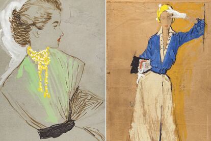A la izq: ‘Gold Necklace and Green Top’ (c. 1955); a la dcha: ‘Modelling a Paris dress by Lanvin-Castillo’ (1953).