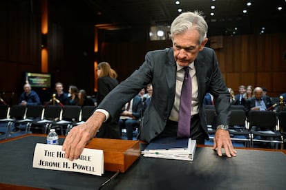 Jerome Powell, presidente de la Reserva Federal, este martes en la comisión de banca del Senado.