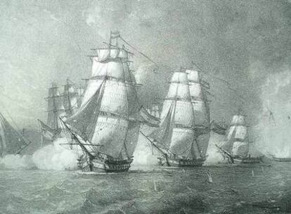 Grabado que muestra el hundimiento de la fragata <i>La Mercedes</i> durante la batalla del cabo de Santa María, en 1804.