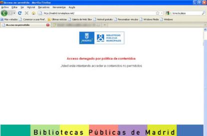 Pantalla que encontraba el usuario que trataba de acceder a páginas web del 15-M desde ordenadores de las bibliotecas municipales de Madrid.